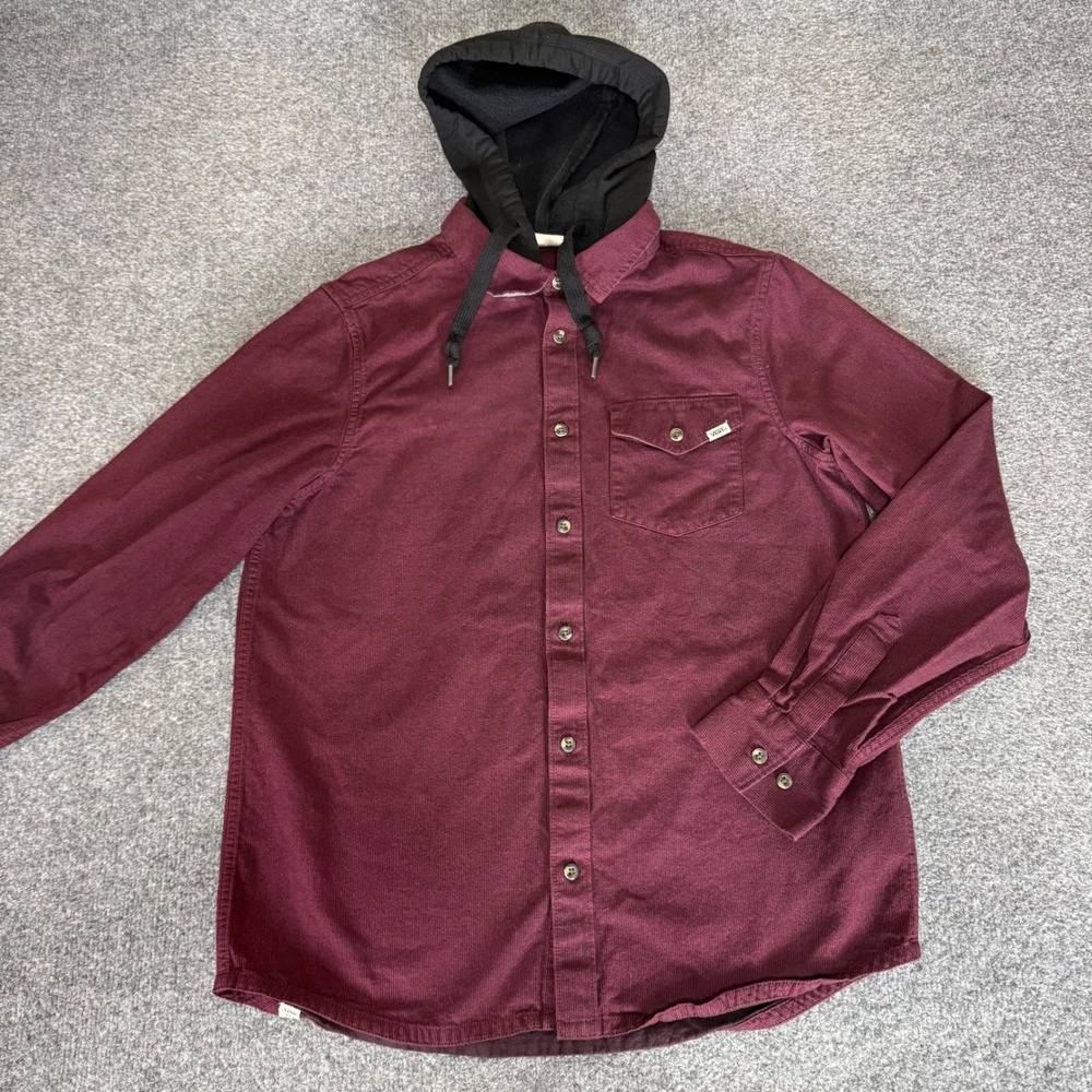 Vans Flannel Hoodie Shirt Mens Small Burgundy Corduroy Long Sleeve Button Up‎